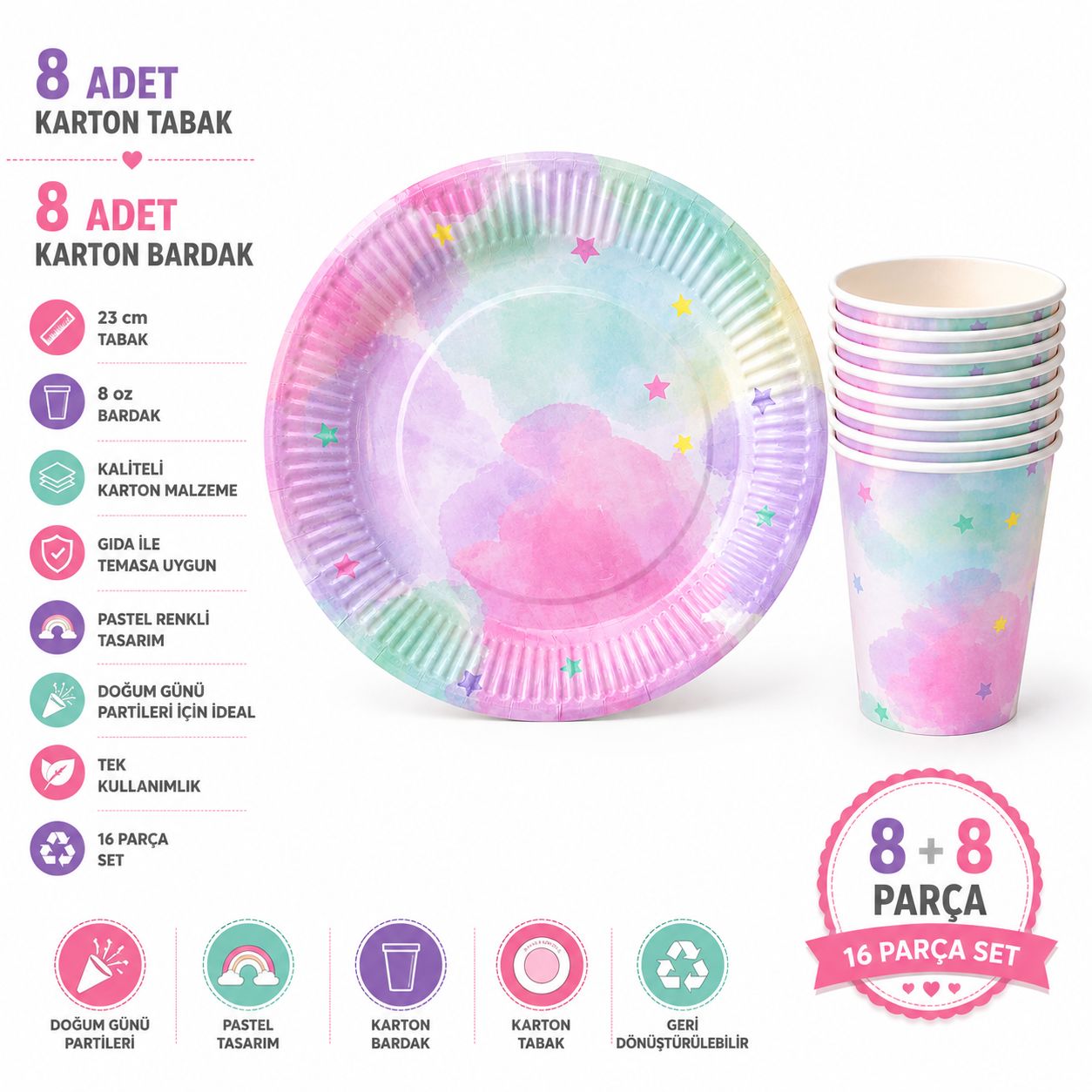 Makaron Renkler Tabak Bardak Set 8 Tabak 8 Bardak
