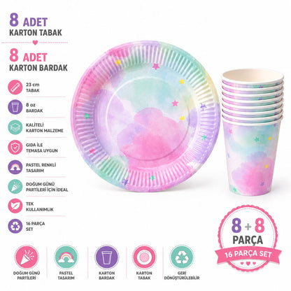 Makaron Renkler Tabak Bardak Set 8 Tabak 8 Bardak