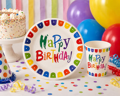Renkli Happy Birthday Tabak Bardak Set 8 Tabak 8 Bardak