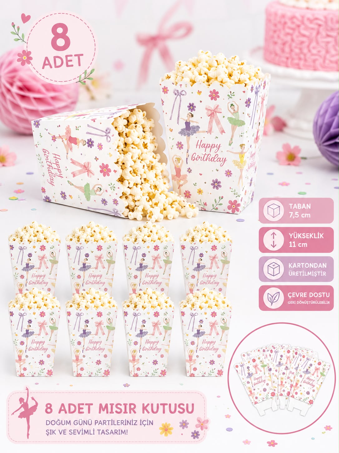 Balerin Tema Mısır Popcorn Kutusu 8 Adet