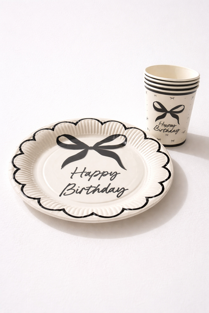 Krem Siyah Fiyonk Karton Tabak Bardak Set 8 li