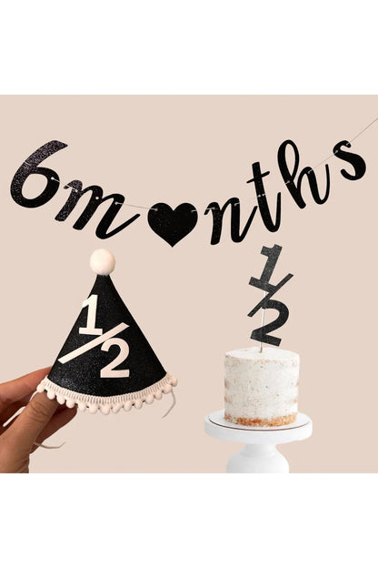 Yarım Yaş 6 months Siyah Simli Şapka Pasta Süsü Duvar yazısı Set