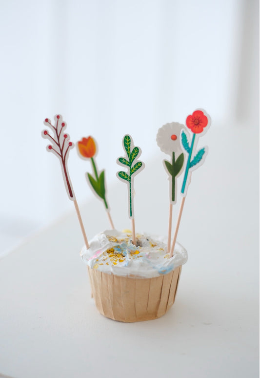 Retro Çiçek Temalı Kürdan Cupcake Süsü 8 Adet