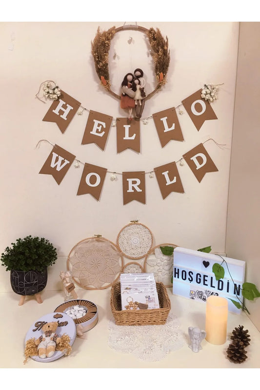 Hello World Baby Shower Kraft beyaz Doğumgünü Yazısı