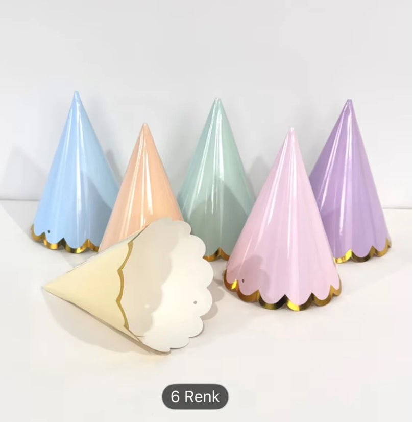 6 Adet Makaron Renkler Yaldızlı Parti Şapkası 13x9 cm / Demonte
