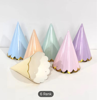 6 Adet Makaron Renkler Yaldızlı Parti Şapkası 13x9 cm / Demonte